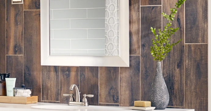 wood accent wall bathroom